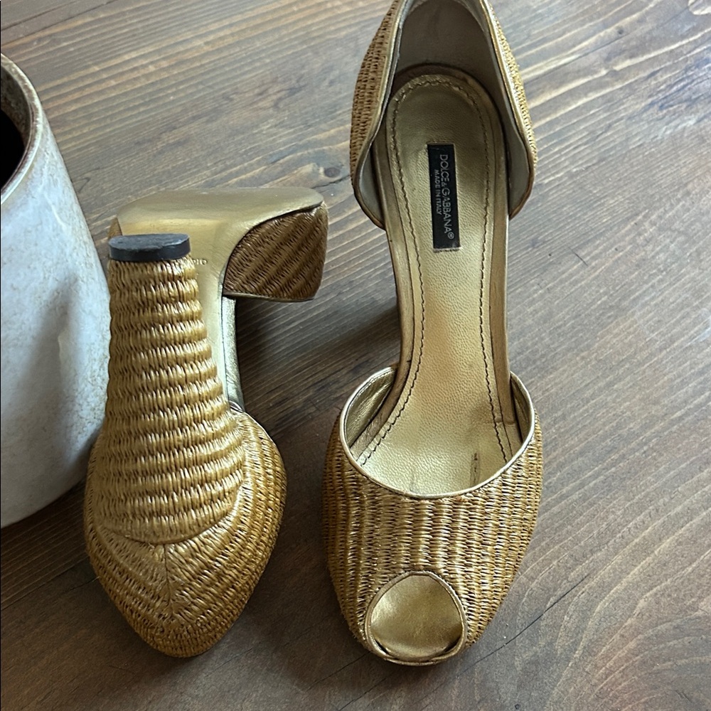 Dolce & Gabbana Gold Woven Peep Toe Heels
